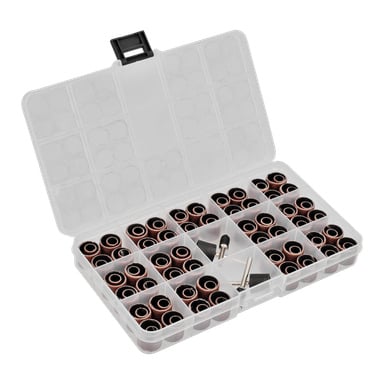 Zestaw Meec Tools Sanding Sleeve, zawierający 108 elementów, jest oglądany z góry, z otwartą pokrywą, odsłaniając uporządkowane przegródki z różnymi tulejami bębnów szlifierskich oraz dwoma mandrelami bębnów szlifierskich.