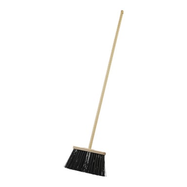 Ein Menuett-Besen mit langem Holzstiel und schwarzen Borsten steht aufrecht.