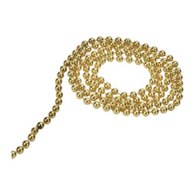 En ringlad tråd av EKVIP Pärlgirland med blanka guldfärgade metallpärlor av jämn storlek är arrangerad i en flexibel, kontinuerlig linje.