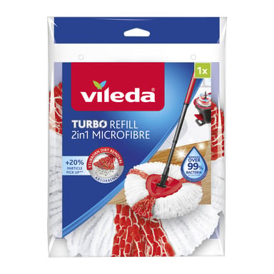 Vileda Turbo Smart Mop-hodepakke med hvitt og rødt design, som viser produktbildet og fremhever fordeler som over 99 % fjerning av bakterier og 20 % mer partikkelopptak.