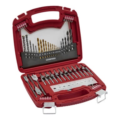 Meec Tools 128-delade borr- och bitset är organiserat i ett rött plastfodral, där varje typ av borr—trä, metall, murverk, spade—har sin egen spår efter storlek, och inkluderar en metalllinjal.