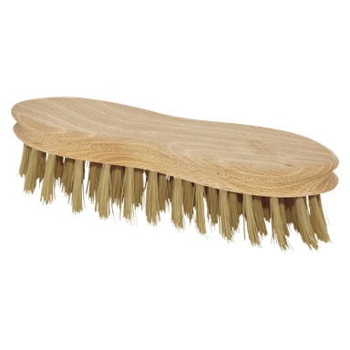 Menuett Scrubbing Brush har ett böjt trähandtag och fasta, ljusbruna borst som pekar nedåt.