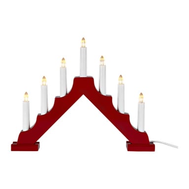 En röd trä EKVIP LED-adventsljusstake visar sju lysande vita ljusformiga ljus i en trappad bågeformad design, med en vit strömkabel som sträcker sig från höger sida.