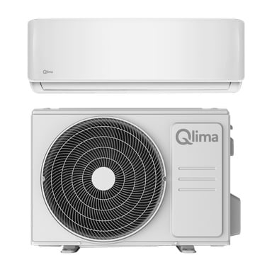 En Qlima Air värmepump S-JA 2522 med en väggmonterad inomhusenhet placerad ovanför en utomhuskompressor, var och en med Qlima-logotypen.