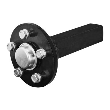 Hamron Stub Axle Square Tube: Czarne metalowe wrzeciono z okrągłym kołnierzem z pięcioma równomiernie rozmieszczonymi śrubami i metalową pokrywką zakrywającą jeden koniec, przymocowane do kwadratowego wału.