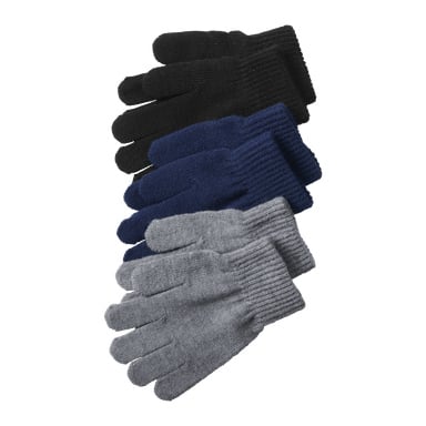 Tre par femfingerhandskar, 3 par från Kayoba Outdoor, visas staplade i svart, marinblått och grått. Varje handske har en ribbad mudd och en enkel, odekorerad look.