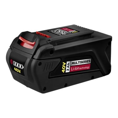 Meec Tools Multiseries 40V litowo-jonowa bateria o pojemności 2Ah, pokazana na czarno z kontrolkami zasilania i czerwonym uchwytem na górze.