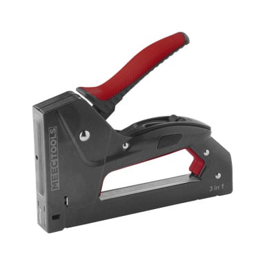 En svart og rød Meec Tools stiftepistol med "3 in 1" på fronten, laget for å sikre materialer sammen, og med et teksturert håndtak for bedre grep.