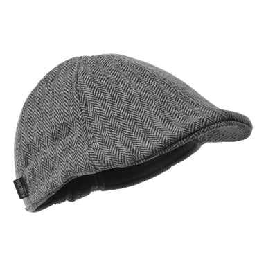 Eine Kayoba Outdoor Lined Cap mit grauem Fischgrätmuster ist schräg dargestellt. Sie hat einen kurzen Rand und ein kleines schwarzes Etikett mit weißer Schrift an der Seite.