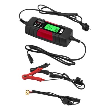 En svart och röd Hamron-batteriladdare med en digital skärm som visar 12,4V, tillsammans med strömkablar, ett uttag, alligatorklämmor, ringterminaler och olika kontakter.