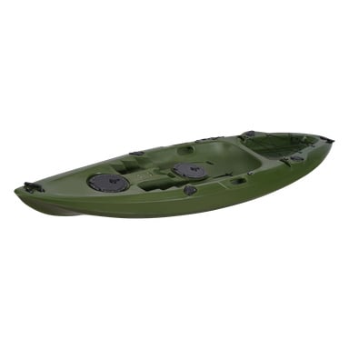 Zielony plastikowy kajak Kayoba Outdoor typu sit-on-top dla jednego użytkownika, wyposażony w włazy do przechowywania, podnóżki i przednie linki bungee.