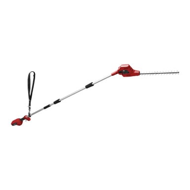 Meec Tools Multiseries 40 V żywopłotów w kolorach czerwonych i srebrnych ma konstrukcję zasilaną bateriami z długim regulowanym drążkiem, czarnym paskiem na ramię dla wsparcia oraz dwudziałnym ostrzem tnącym na jednym końcu.