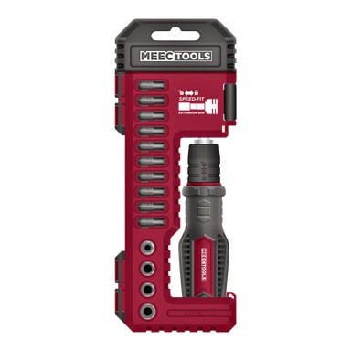 Ett Meec Tools 25-delat bitskruvmejselset med olika utbytbara bitar arrangerade i ett rött och svart fodral märkt SPEED-FIT EXTENSION BAR. Handtaget och bitarna visas i ordnad ordning, allt synligt genom den genomskinliga förpackningen.