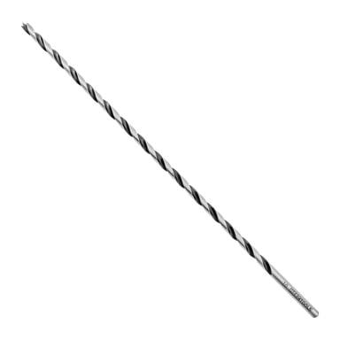 En lang, sølvfarget Meec Tools installasjonsbor med spiralspor langs kroppen, som smalner til en skarp spiss i den ene enden og ender i en sylindrisk skaft i den andre.