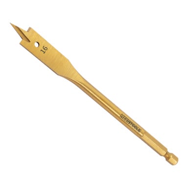 Kullansävyinen litteä lapiokeskellä oleva poranterä, jossa on kuusikulmainen varsi, jossa on numero 16 terävän kärjen lähellä ja merkki Meec Tools -merkki varressa, tarkoitettu puutöihin.