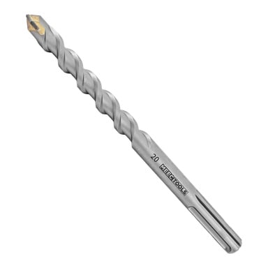 En silverfärgad Meec Tools hammarborr med spiralspårmönster och en vass karbidspets. Skaftet har flera spår för fast anslutning till en borr, och märkningen "20 MM ECTOOLS" finns nära dess bas.