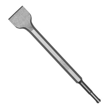 En Meec Tools plattmejsel med ett brett, platt blad och en sexkantig axel, lämplig för användning med elverktyg. Meec Tools-logotypen syns halvvägs längs skaftet.