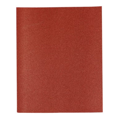 Et rødt, firkantet ark med Meec Tools Sanding Paper fra 5-pakken vises, og fremhever den lett teksturerte og grusete overflaten.