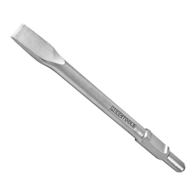 En silverfärgad platt mejsel med sexkantig skaft och platt bladspets, med varumärket Meec Tools på sidan.