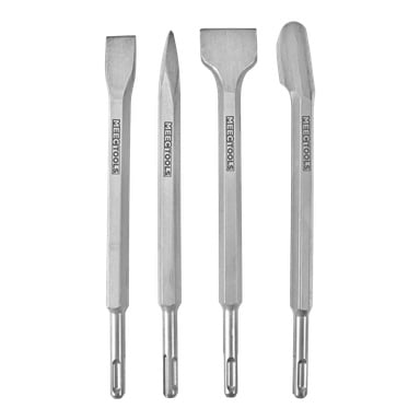 Fyra mejseltillbehör från Meec Tools, var och en med en unikt formad silvermetallspets och ett handtag märkt med varumärket Meec Tools, är uppradade vertikalt sida vid sida.
