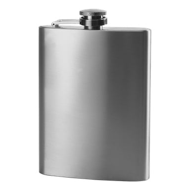 Menuett Pocket-flask er en rustfri stållommelærke med en børstet metalloverflate, designet med en skrukork koblet sammen med et hengsel. Kolben står oppreist.