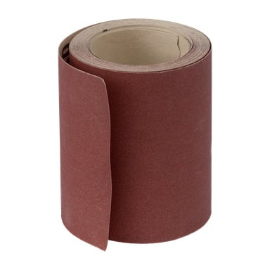 En rödbrun rulle Meec Tools slippapper, med ena änden delvis utrullad för att avslöja sin grova, slipande textur. Kartongkärnan inuti rullen är synlig.