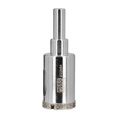 Et detaljert bilde av en diamanthullsag fra Meec Tools viser Ø22MM gravert på siden. Verktøyet har en sylindrisk, diamantbelagt skjærekant og en glatt skaft designet for bruk med drill.