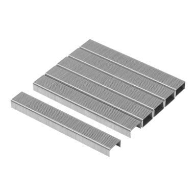 Nærbilde av flere striper av Meec Tools Staples 1000-pakke, med én stripe plassert til venstre.