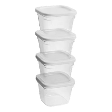 Ett set med fyra Menuett Storage-burkar från 4-packet staplas i ett vertikalt torn, där varje burk visar transparenta sidor och toppas med ett vitt lock.