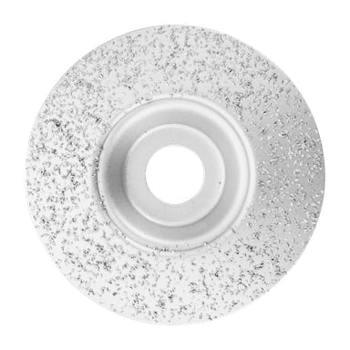 En detaljerad närbild av Meec Tools slipskiva visar dess cirkulära, metalliska silverform med en grov slipyta och ett centralt monteringshål.