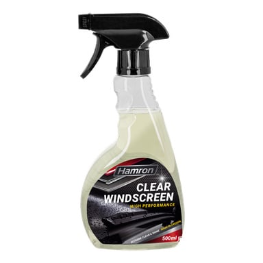 En 500 ml Hamron Water Repellent Clear Windscreen sprayflaska med svart avtryckare och en etikett som visar produktnamn, bruksanvisning och "Made in Sweden" med betoning i gult.