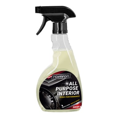 Butelka z rozpylaczem Hamron All Purpose Interior Cleaner 500ml z czarną dyszą spustową. Etykieta podkreśla wysoką wydajność, szwedzkie pochodzenie oraz przydatność do czyszczenia i połyskowania wnętrz samochodów.