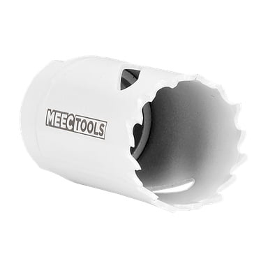 En vit cylindrisk hålsåg från Meec Tools med vassa, sågtandade kanter designad för att skära stora öppningar i trä eller metall. Sidan av verktyget bär Meec Tools-logotypen.