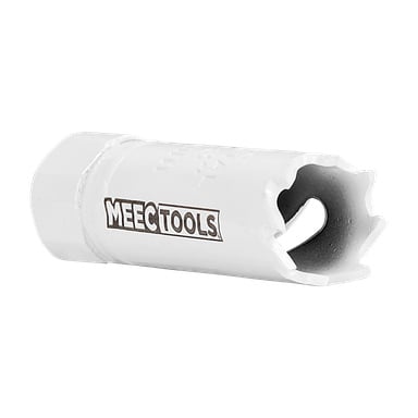Nærbilde av en Meec Tools hullsag, en hvit sylindrisk bor med skarpe, sagtaggede kanter og den brune Meec Tools-logoen på siden, vist liggende på siden.