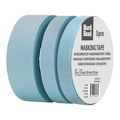 Ett Hard Head-paket med blå maskeringstejp innehåller tre rullar i olika bredder (19 mm, 38 mm och 50 mm), varje rulle 25 meter lång. Förpackningen visar produktinformation och en streckkod.