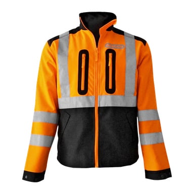 Oregon Hi-Vis-jackan har djärv orange och svart färgblockering, silverfärgade reflekterande ränder över bröstet, armarna och ryggen för synlighet, en central dragkedja framtill och två fickor med dragkedja placerade vertikalt på bröstet.