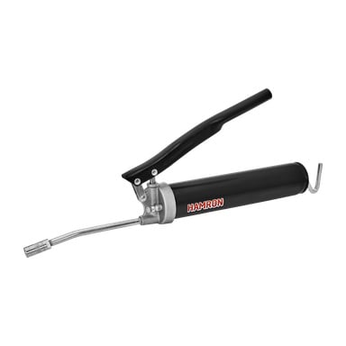 Hamron Grease Gun z czarnym cylindrycznym korpusem z nazwą marki w czerwieni i bieli, wyposażony w metalową dźwignię i dyszę. To narzędzie obsługiwane ręcznie.