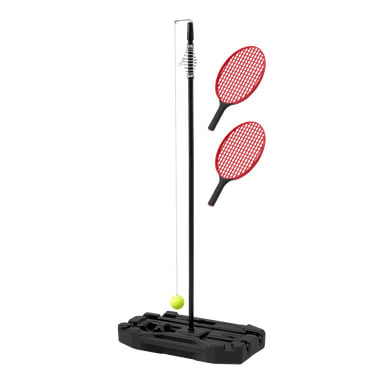 Detta Kayoba Speedball-set innehåller en stadig svart bas, en vertikal stång med en gul boll sammankopplad med ett snöre, och två röda racketar med svarta handtag.