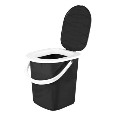 En portabel Kayoba Latrine-behållare tillverkad av svart plast, med en vit sits, ett fäst handtag och det svarta locket öppet. Toaletten är tom.