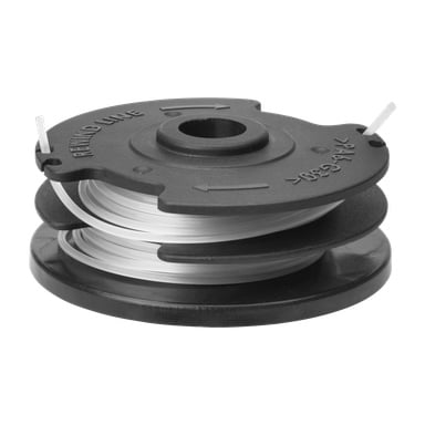 Szczegółowy widok czarnej plastikowej szpuli Meec Tools Multiseries 40 V Trimmer wypełnionej przezroczystą nylonową linką do podkarzaczy do sznurków; Strzałki kierunkowe i instrukcje użycia są formowane bezpośrednio na powierzchni.