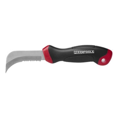 Meec Tools takfiltkniv med ett böjt, delvis sågat metallblad och ett konturerat svart- och rött handtag.