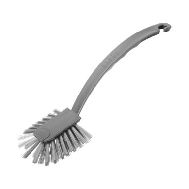 Menuett Dish brush har fasta borst, ett långt, lätt böjt grått plasthandtag och en krok i änden för enkel upphängning.