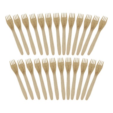 Tjugofem Papstar-trägafflar från ett 25-pack, alla matchande i storlek och form med fyra tänder vardera, är prydligt arrangerade.