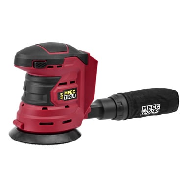 Punamusta johdoton eksentrinen hiomakone, jossa on Meec Tools Multiseries -merkintä ja jonka oikealla puolella on pölynkeräyspussi. Esillä oleva malli on Eccentric Sander OS-18V HOME 500.