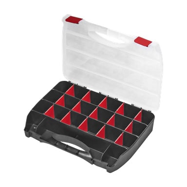 En Meec Tools Assortment-låda med genomskinligt lock, svart botten och röda avdelare som bildar separata fack. Lådan visas öppen för att visa förvaringsavdelningarna inuti.