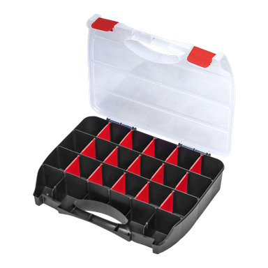 En svart plastlåda av Meec Tools Assortment Box med genomskinligt lock och röda lås, med 18 separata fack. Öppen och tom är den anpassad för att sortera hårdvara, pysselmaterial eller andra små föremål.