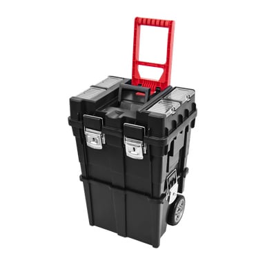 Meec Tools Tool Trolley er en svart rullevogn med to stablede rom, solide metalllåser, gjennomsiktige organiseringsrom øverst for små deler, og et rødt teleskophåndtak designet for enkel manøvrering.