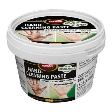 En 500 ml vit burk Autosol handrengöringspasta med en svart etikett som visar bilder på rena händer och framhäver att produkten är dermatologiskt testad, biologiskt nedbrytbar och tillverkad i Tyskland.