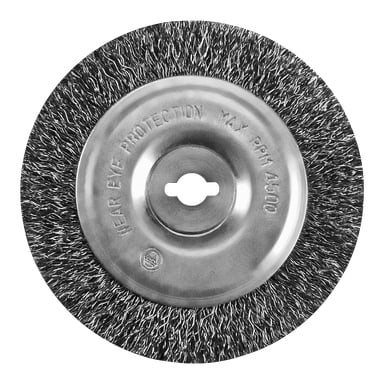 Ett Meec Tools stålborste 2-pack innehåller runda stålborsthjul med metallnav, tätt packade trådborst och ingraverad säkerhetsinformation i mitten som anger ögonskydd och en maximal varvtal på 4500.