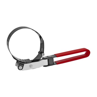Meec Tools oljefilterborttagning med ett svart justerbart metallband och ett rött ergonomiskt handtag. Verktyget är avsett för att lossa eller dra åt bilens oljefilter.